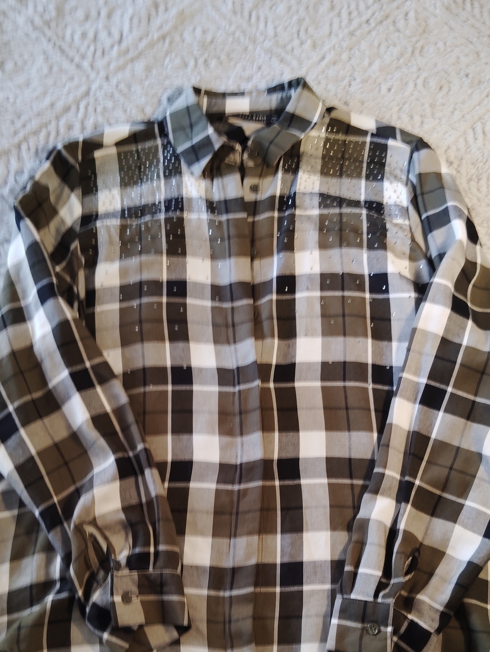 Zara Black, White & Olive Plaid Button-Down Shirt